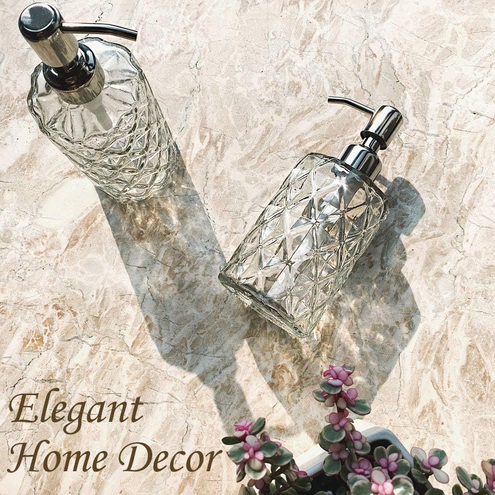 JASAI Diamond Design 12 Oz Glass Soap Dispenser with Rust Proof Pump