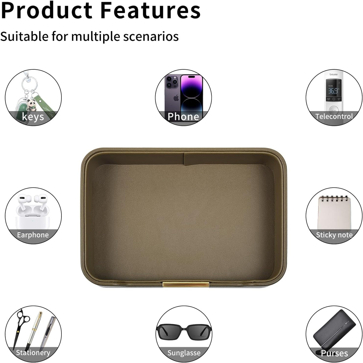 Luxury Leather Valet Tray Desktop Storage Organizer,Bedside Vanity Catchall Tray Nightstand Caddy Holder for Cosmetic,Jewelry,Watch,Keys,Phone,Wallet,Remote Controller,Pen,Olive Green