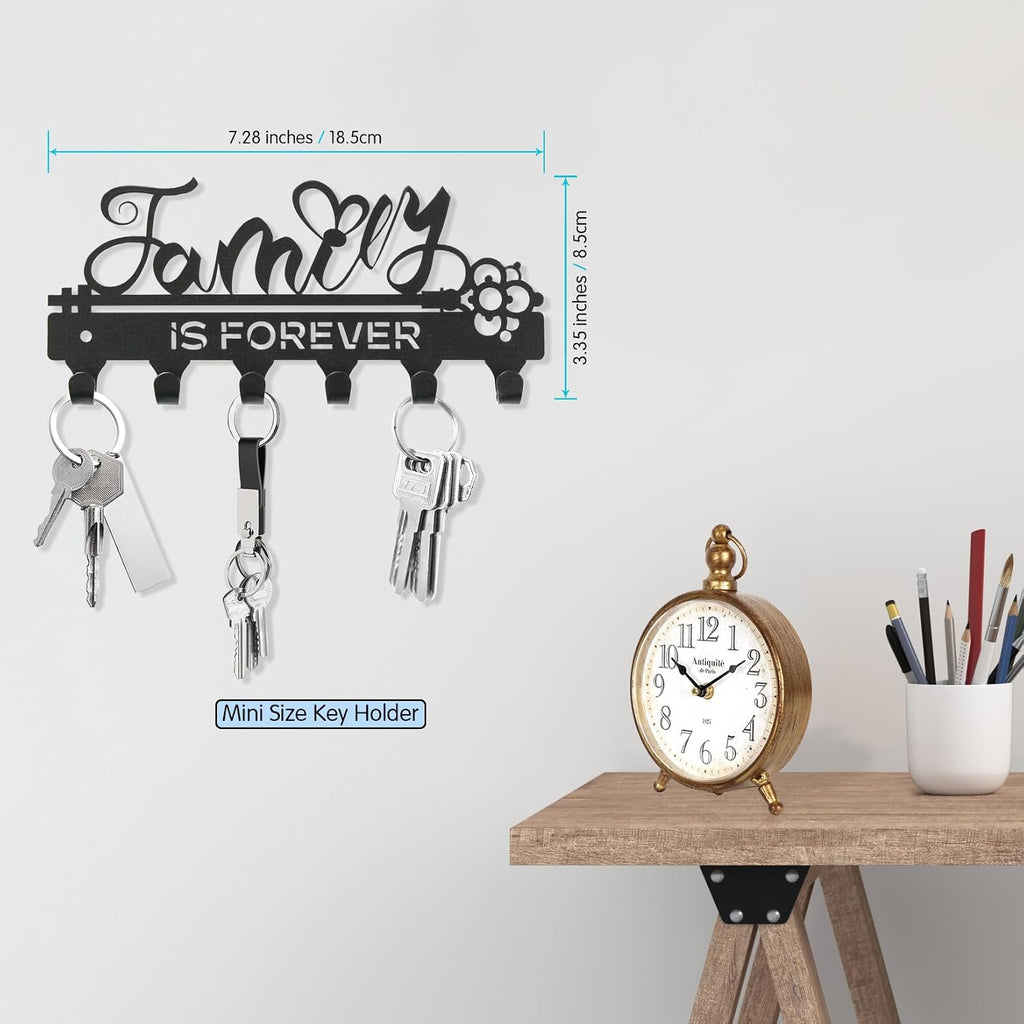 "Family Is Forever“Mini Key Holder Wall Mounted, Black Metal, 18.5x8.5cm