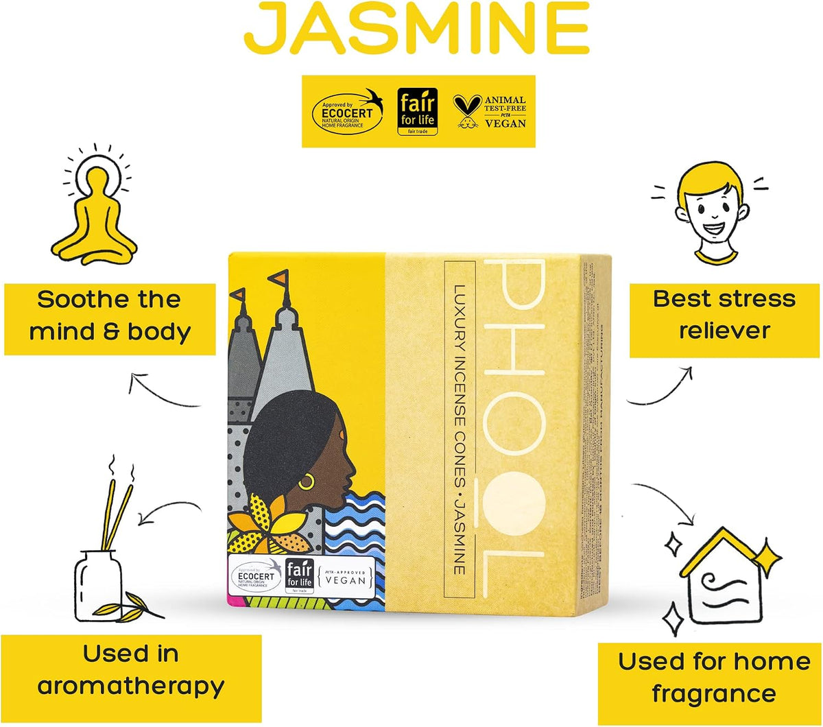 Pack of 2 Natural Incense Cones,Phool Devotion Pack(80 Organic Cones |2 Fragrances:Tulsi & Jasmine)+1 Free Ceramic Holder | Handrolled | Sulpher and Charcoal Free |100% Organic & Natural(500 GMS)