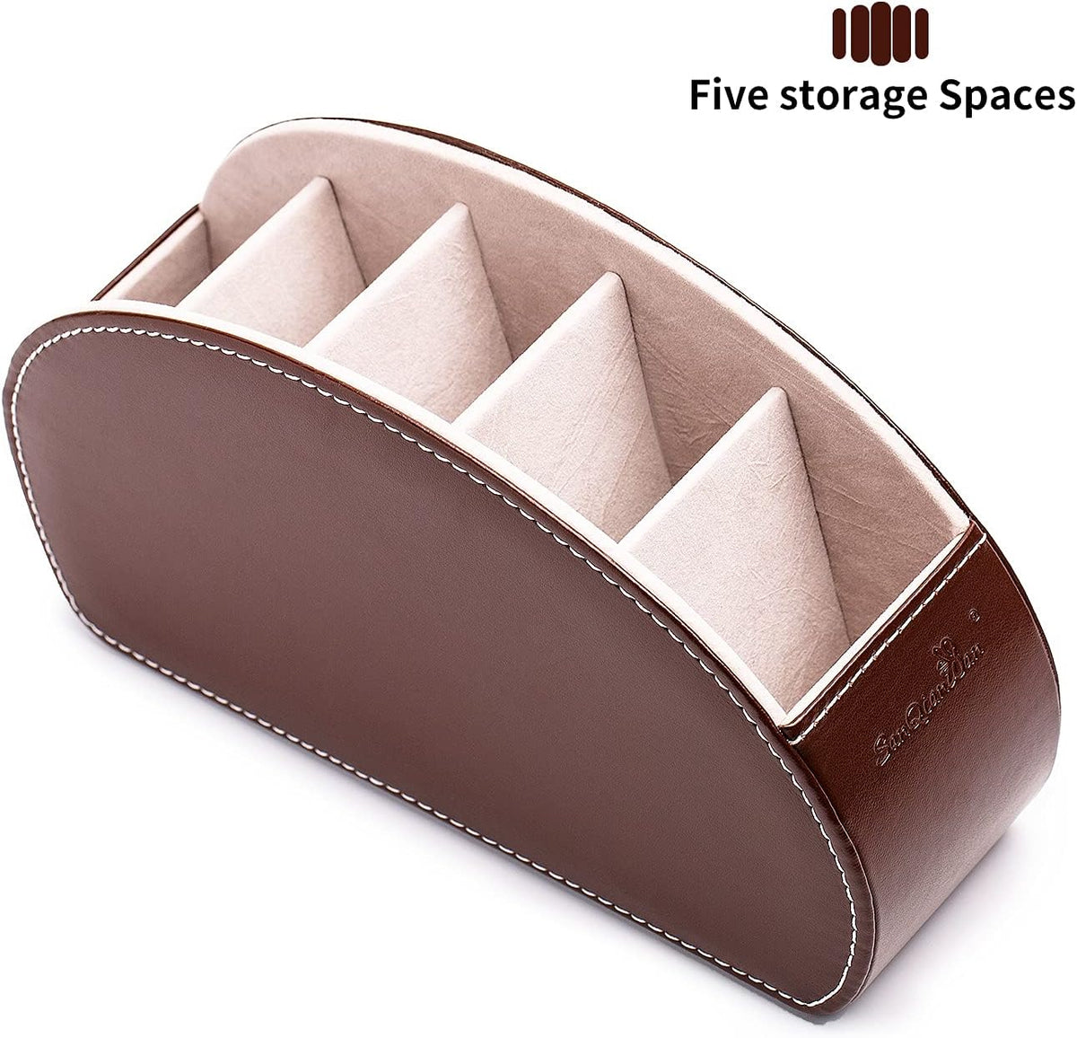 Remote Control Holder , PU Leather Organizer Box with 5 Compartments for Table Bed Office ,Remote Caddy Desktop Storage Home Accessories for Controllers , Media Player ,Make up Brush ,Pen (Brown-A)