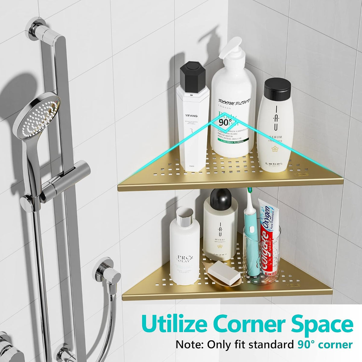 Qeke Corner Shower Shelves, 10” Recessed Tile Shower Shelf Golden, 2 Pack
