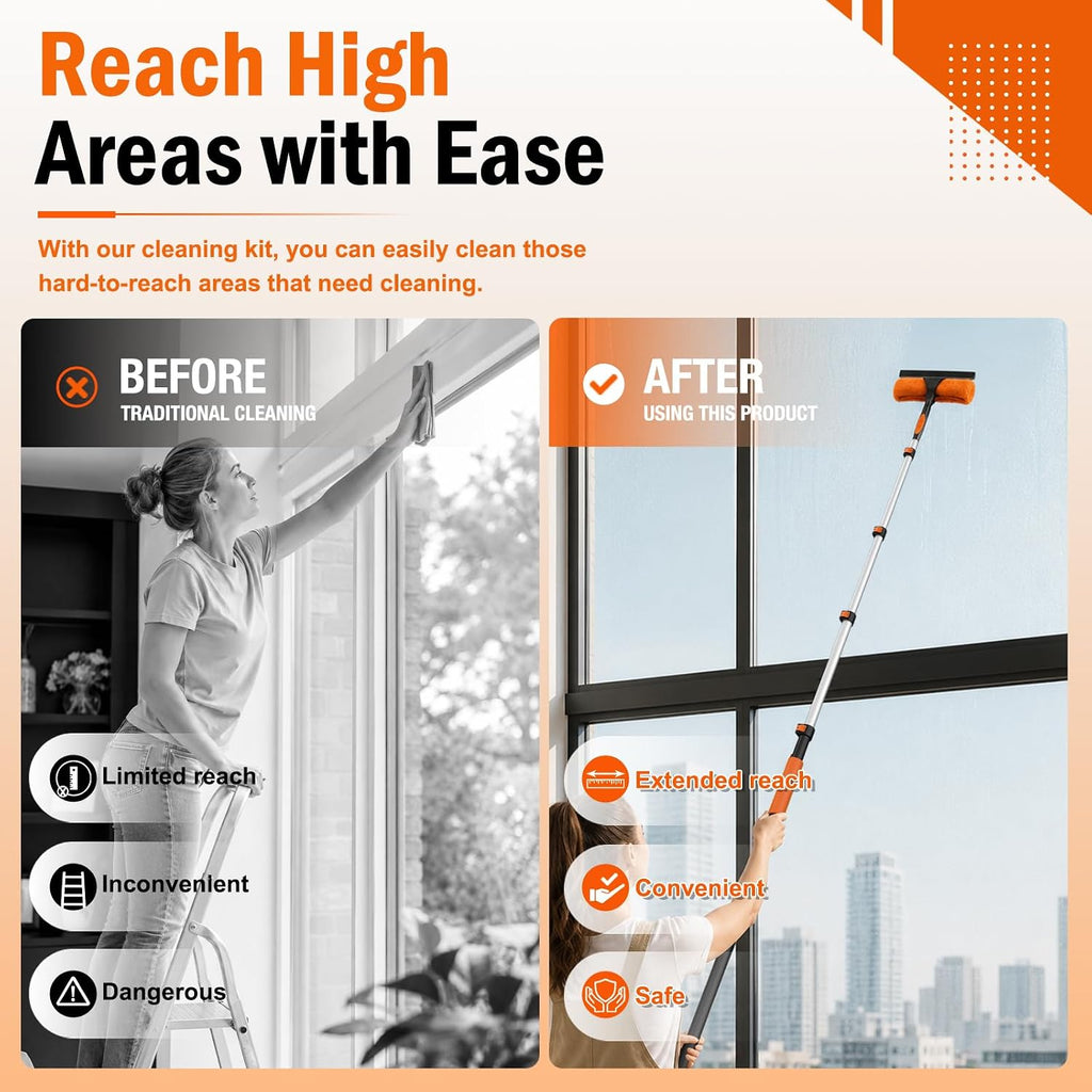 LAANPOLE 26FT High Reach Duster Cleaning Kit with Extension Pole, High Ceiling Fan Cleaner Duster Tool for Fan Blades, Window Washing Kit with Microfiber Feather Duster & Window Squeegee