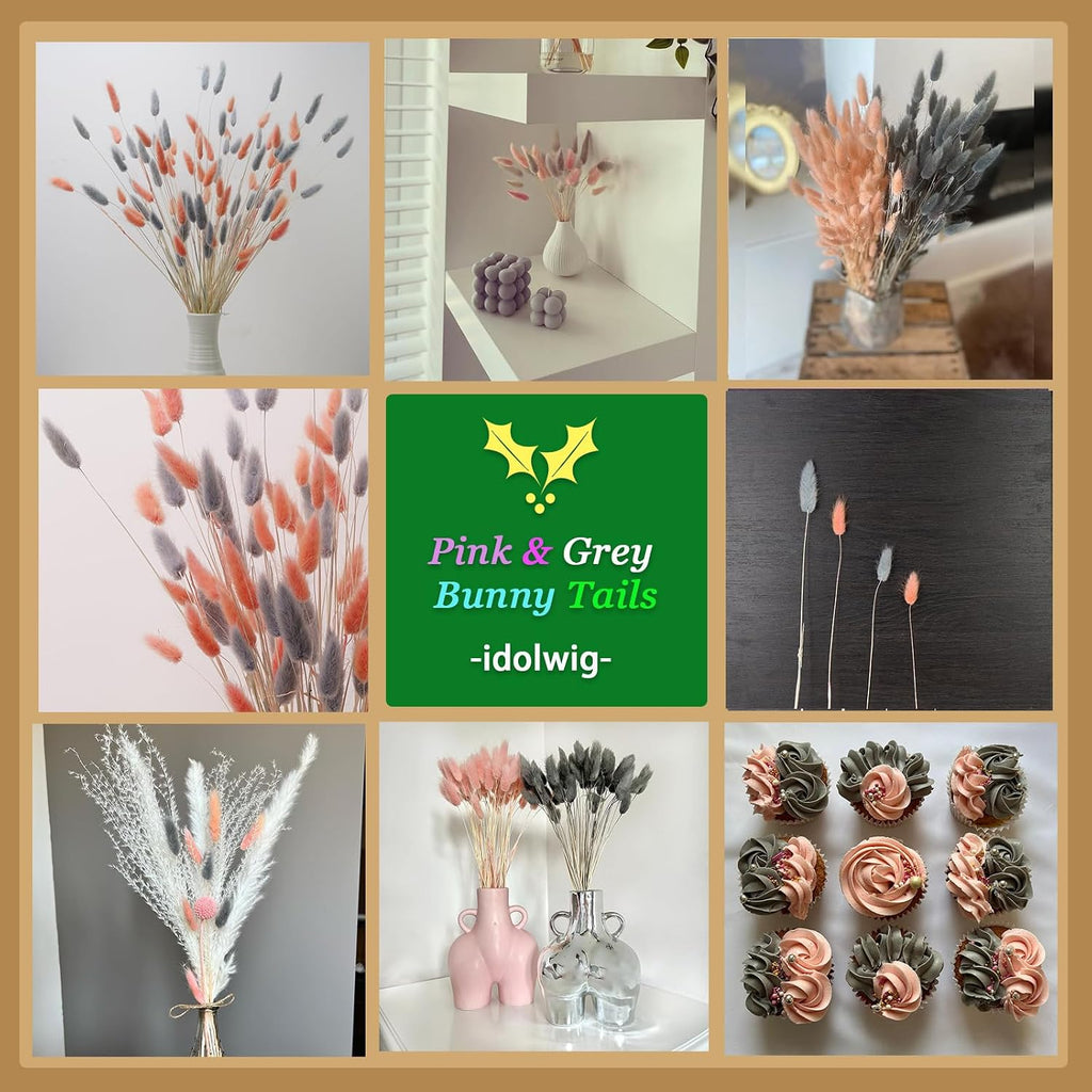 100 Pcs Pink and Grey Bunny Tails Dried Flowers