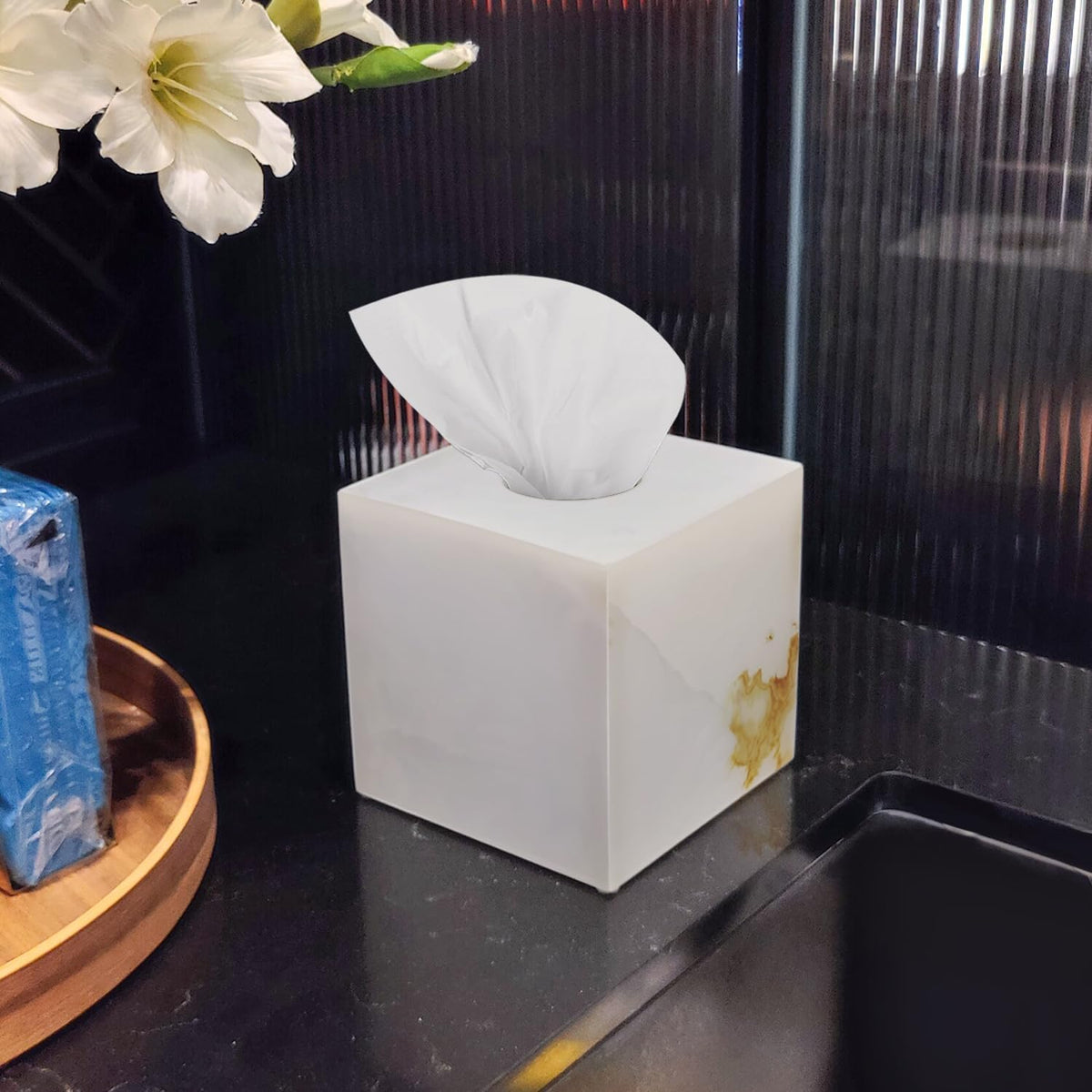 Natural Marble Tissue Box Cover, Exquisite Marble Square Tissue Box Holder, Elegant & Luxurious Decoration for Bathroom,Home & Office (White Jade)