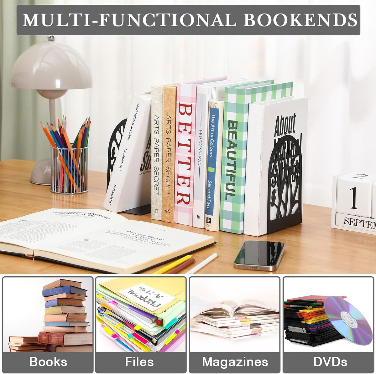 5 Pairs Metal Book Ends for Shelves, School Decorative Bookends,Classic