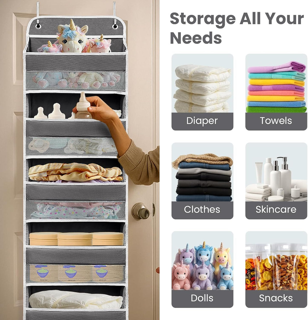 Ease of Assembly Over The Door Organizer,6 Tiers Anti Tilt Hanging Behind Door Storage, Heavy-Duty Reinforced Mesh Rack Holds 44lb for Bathroom,Pantry, Nursery,Closet, Shoes, Towels,Dark Grey