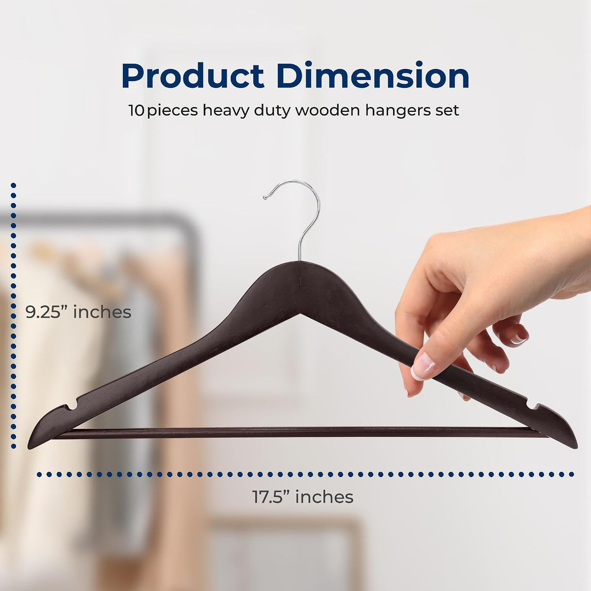 SereneLife 10 Pack Wooden Clothes Hangers | Keeps Suits, Coats & Dresses Neatly Organized | Heavy Duty Wood, Pants Bar, Notches & 360° Chrome Swivel Hooks, 10 Lbs Capacity, 0.47-Inch Profile | Brown