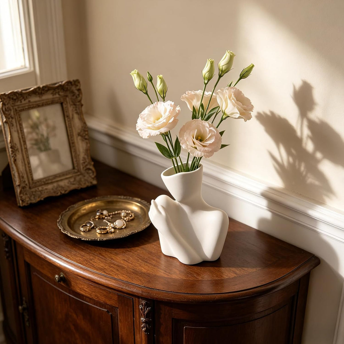 Ceramic Body Vase, Female Form Half Body Vase, Modern Minimalist Boho, Decorative Vase for Living Room, Bedroom, Shelf, Dining Table, Bathroom & Office, (White Shoulder-Grazing Style)