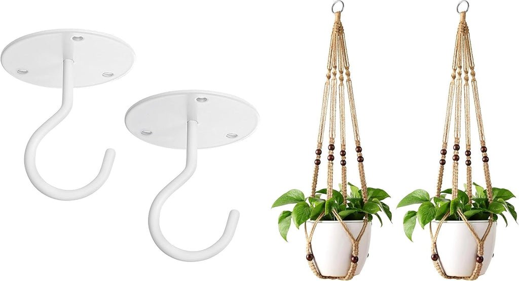 Mkono Macrame Plant Hangers Indoor Jute Hanging Planter Basket and Ceiling Hooks, Wood Beads Decorative Flower Pot Holder for Indoor Outdoor Boho Home Decor,Brown，Set of 2