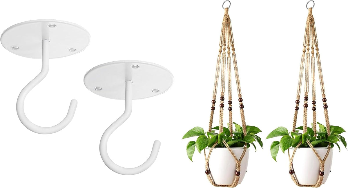 Mkono Macrame Plant Hangers Indoor Jute Hanging Planter Basket and Ceiling Hooks, Wood Beads Decorative Flower Pot Holder for Indoor Outdoor Boho Home Decor,Brown，Set of 2