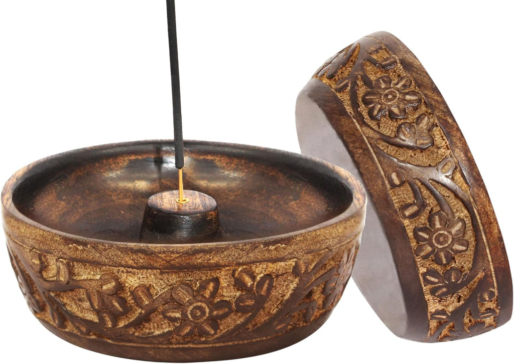 COTTON CRAFT Hand Carved Wood Incense Burner Holder - 2 Pack - Natural