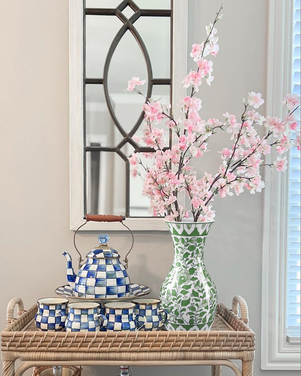 Green and White Ceramic Vase 11" Chinoiserie Flower Vase in Wide Mouth