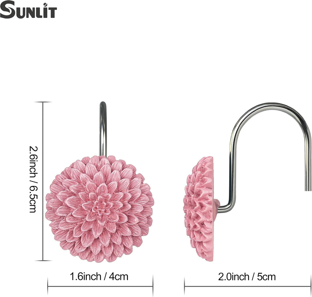 Sunlit Decorative Floral Shower Curtain Hooks, Dahlia Pinnata Flower Shower Curtain Rings, Resin, Bathroom Decoration Pink Shower Curtain Hooks-12 Pack