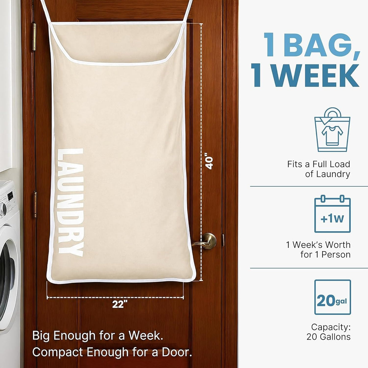 Hanging Laundry Hamper Bag,Space Saving over the Door Storage Bags – Behind the Door Hampers for Dirty Clothes, Wall Mounted Basket for Bathroom (Beige, 2-Pack)