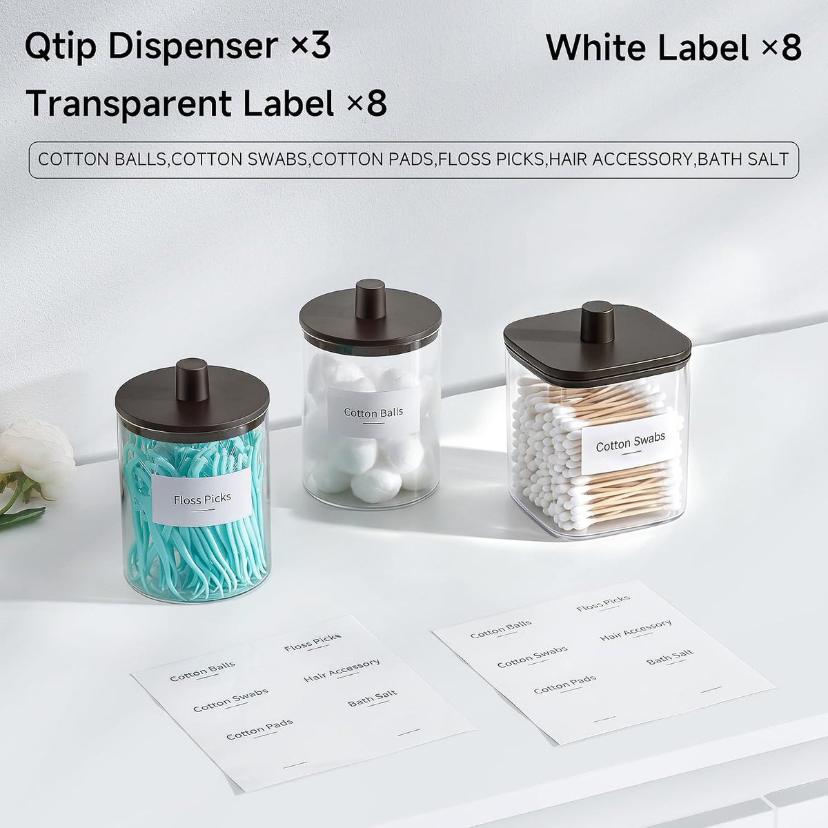 3 Pack Glass Qtip Holder Dispenser- 10 oz Clear Canister Apothecary Jar, Bathroom Vanity Storage Organizer Set for Cotton Swabs, Pads, Floss Picks, Small Containers for Makeup Storage (Brown)