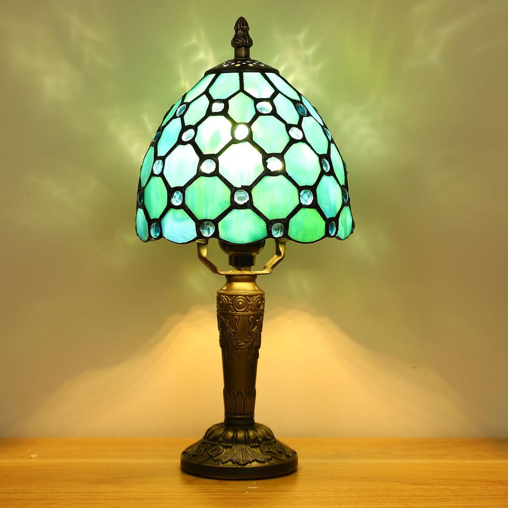 Tiffany Style Small Table Lamp,Green Beads Stained Glass 3 Color Temperature Antique Table Lamps,Bedside Nightstand Lamp for Bedroom,Living Room,Home Office+LED Bulb,6X6X12.5Inch