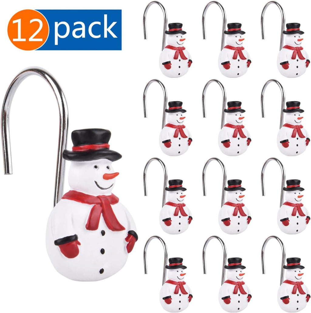 Christmas Decorative Shower Curtain Hooks 12Pcs Xmas Snowman Rust Proof Shower Curtain Hook Rings for Bathroom Living Room Decoration