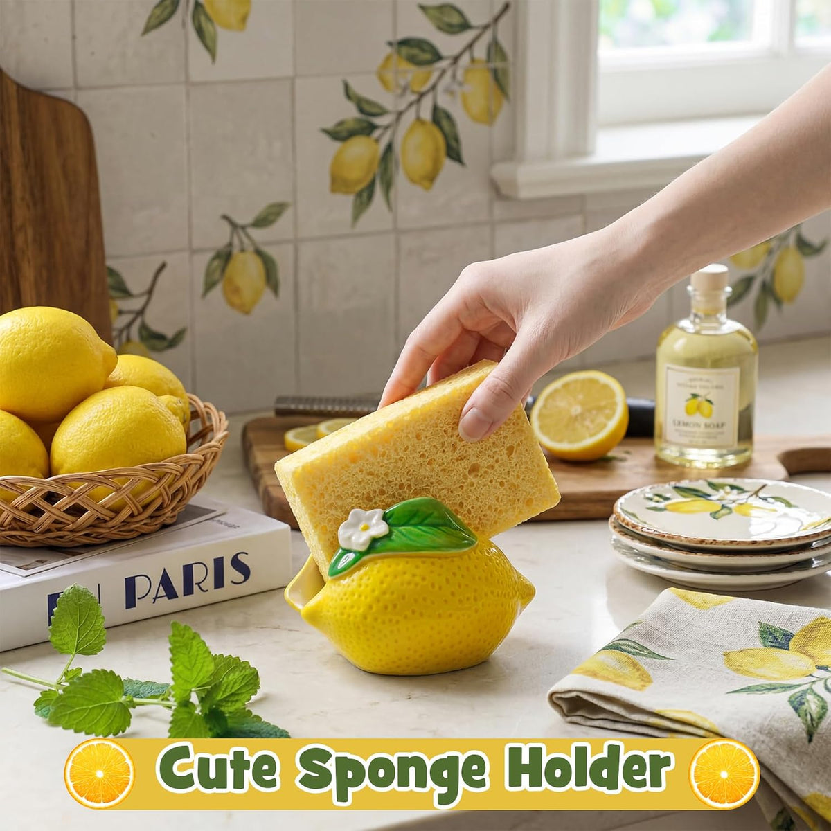 4 Pcs Lemon Kitchen Decor Ceramic Soap Dispenser Set