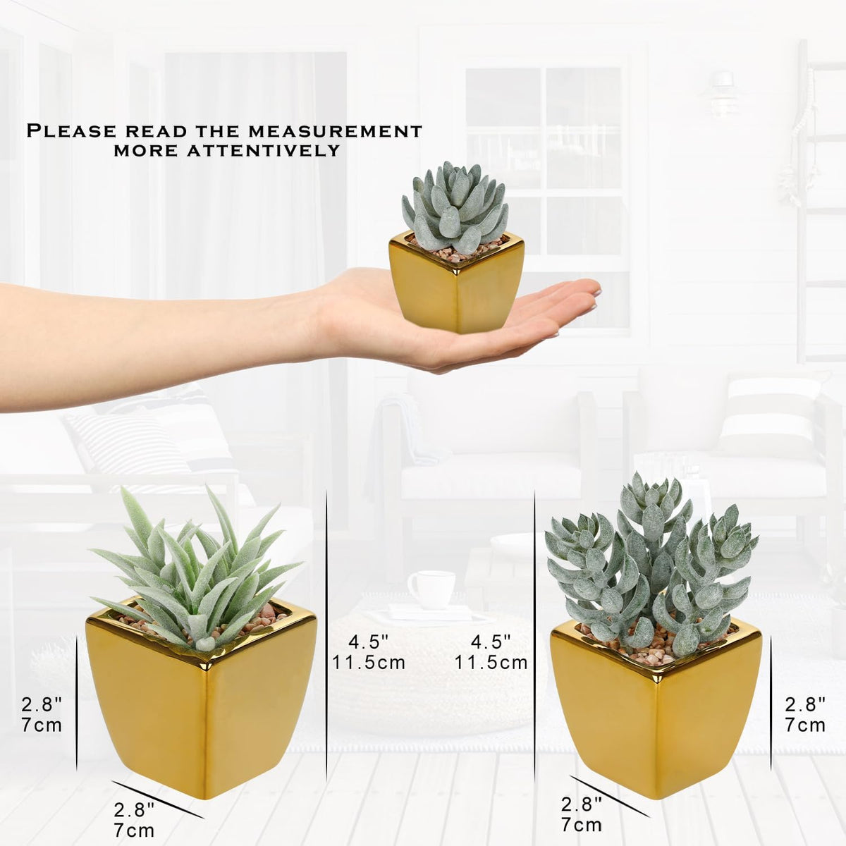 Hollyone Small Succulents Artificial 3 Pcs Faux Succulents with Gold Pots Mini Fake Succulent Plants Indoor Plant Ceramic Pots for Modern Office Desk Bathroom Shelf Living Room Home Decor Sage Green