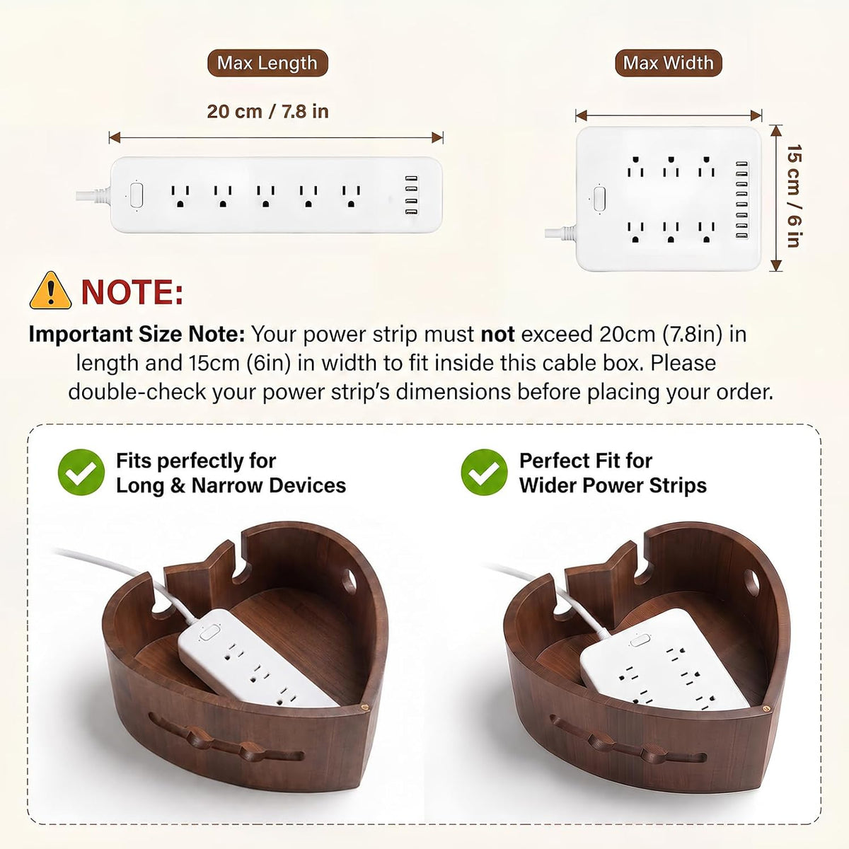 Acacia Wood Cable Management Box, Wooden Hider & Organizer for Power Strip