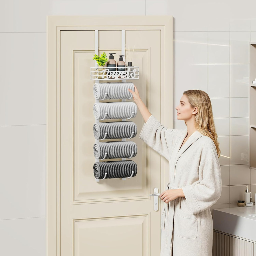 SWTYMIKI Hanging Towel Racks for Bathroom - 6 Tier Over The Door & Wall Mounted Bath Rolled Towel Storage Organizer Holder for Small Bathroom, RV, Camper, White (Patented)