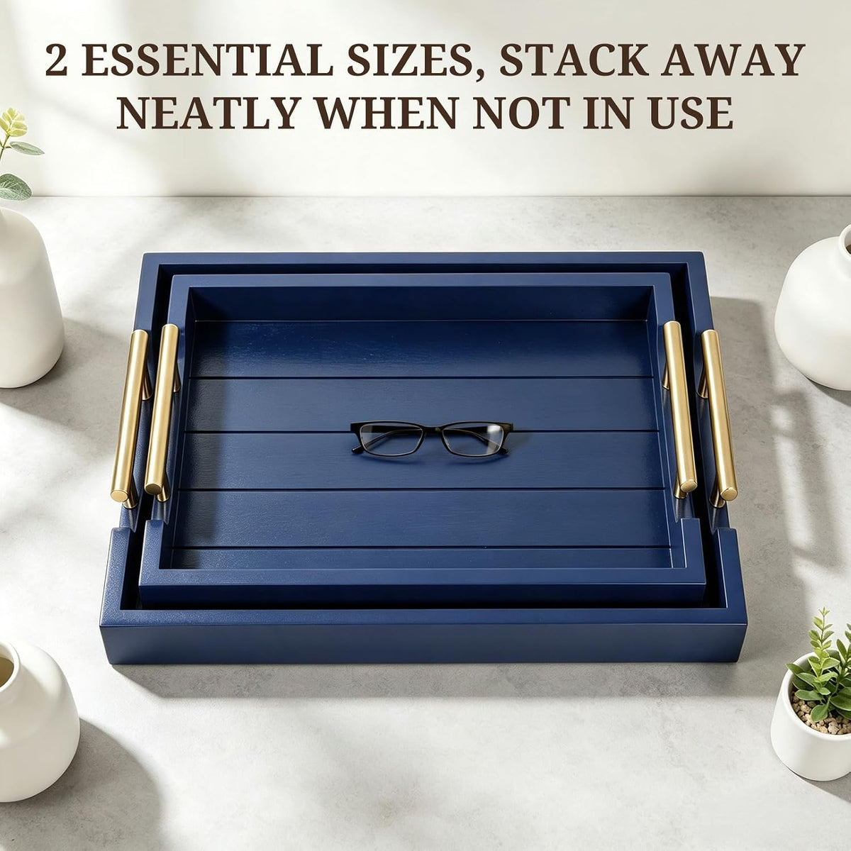 SXNOWS Set of 2 Wood Serving Trays with Gold and Silver Handles