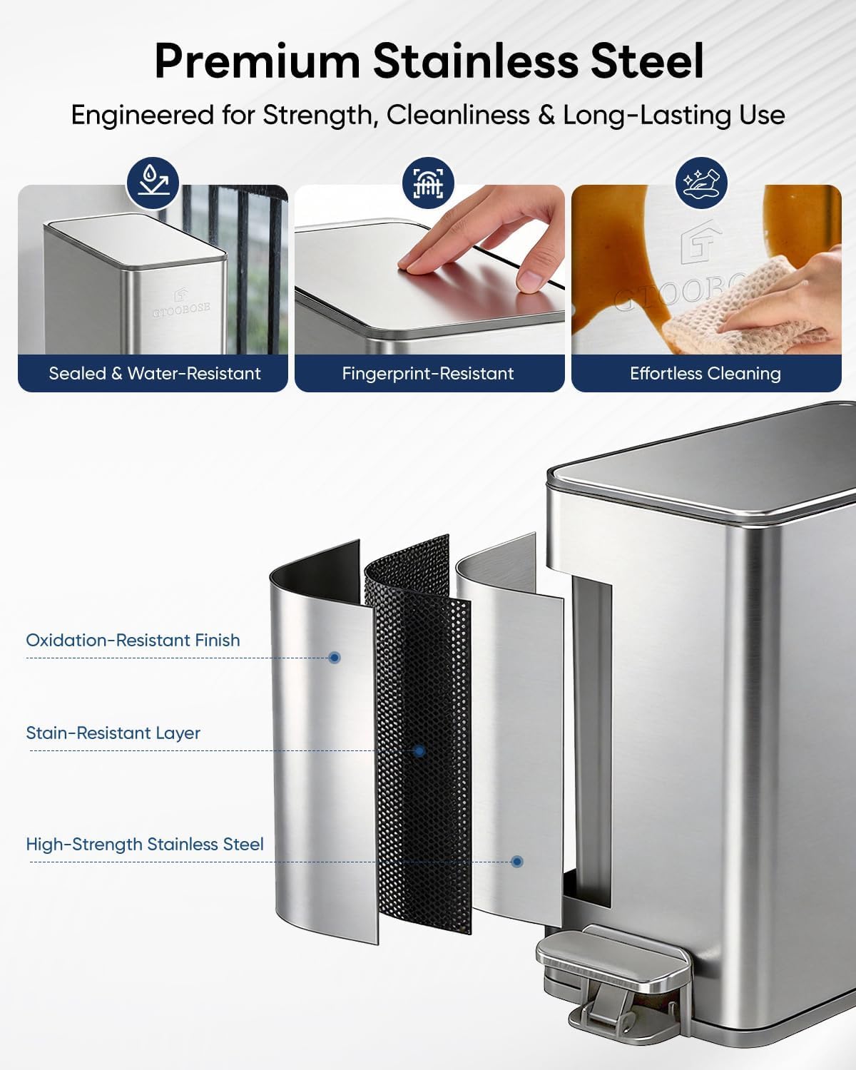 10L/2.6G Slim Bathroom Trash Can, Narrow Stainless Steel Soft-Close Step Pedal Bin with Lid, Odor Control Carbon Box, Removable Inner Bucket, Small Waste Bin for Bedroom, Office, RV (Silver)