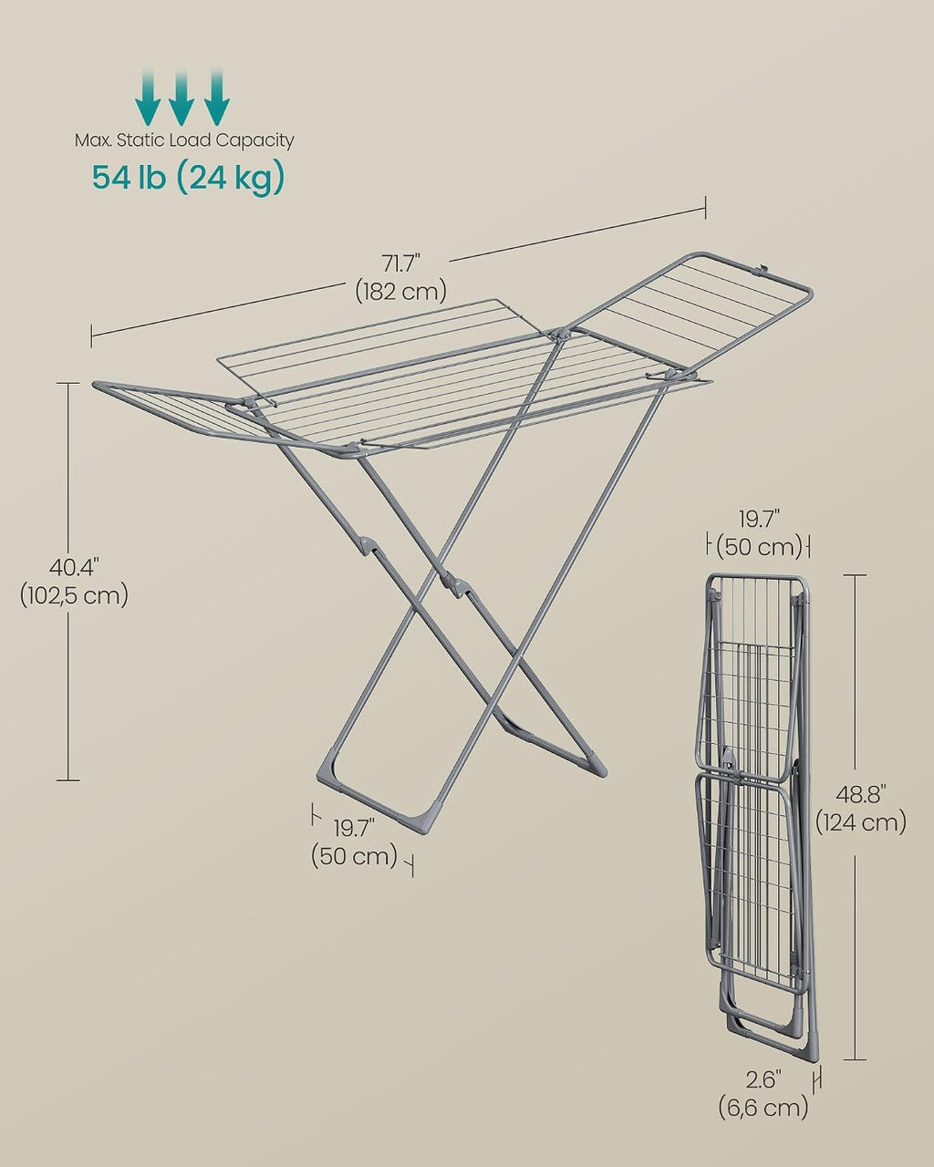 SONGMICS Clothes Drying Rack, Foldable, Heavy Duty, 4 Gullwings