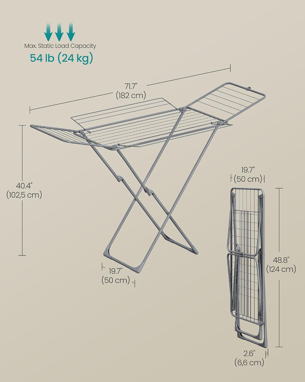 SONGMICS Clothes Drying Rack, Foldable, Heavy Duty, 4 Gullwings
