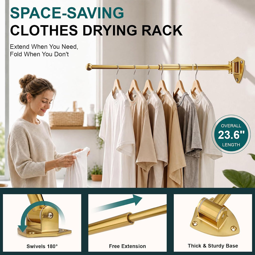 12" Wall Mounted Drying Rack, Foldable & Pull-Out Clothes Hanger, Brushed Gold