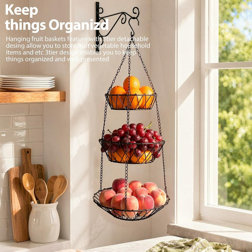 3 Tier Hanging Basket with Sturdy Metal Chain Hanging Hooks