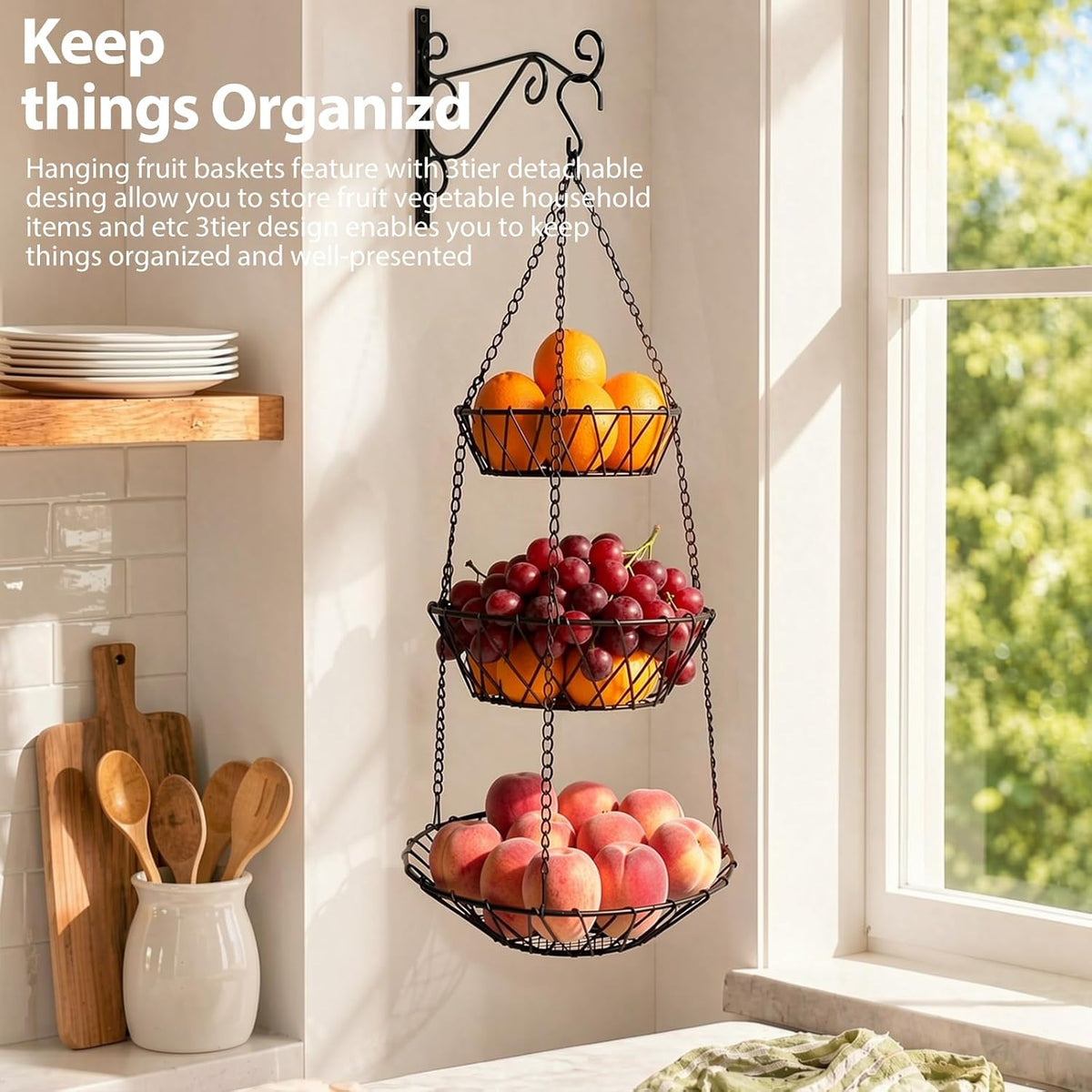3 Tier Hanging Basket with Sturdy Metal Chain Hanging Hooks
