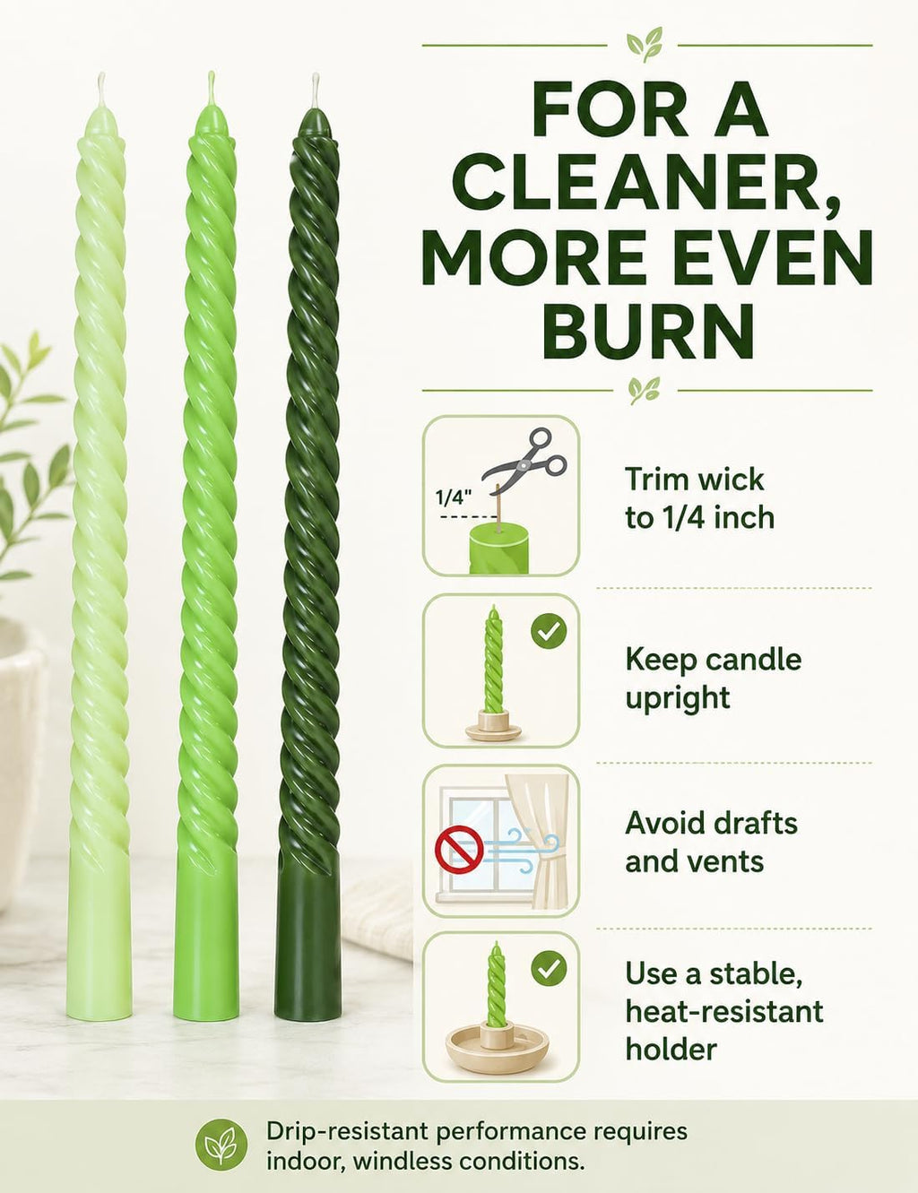 10 Inch Gradient-Green Spiral Taper Candle Set, 6 Pack Unscented Dripless Candlesticks for Dinner St. Patrick's Day Earth Day and Garden Parties