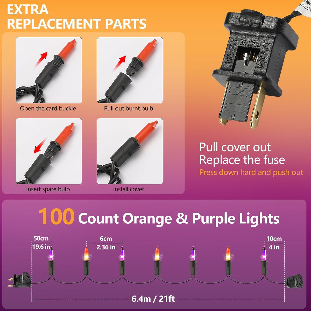 TIGOMOOV Purple Orange Halloween String Lights Plug in, 100 Count 21ft Mini Incandescent Spooky Lights with Black Wire, UL-Listed Connectable for Halloween Decorations, Porches, Patios, Trees