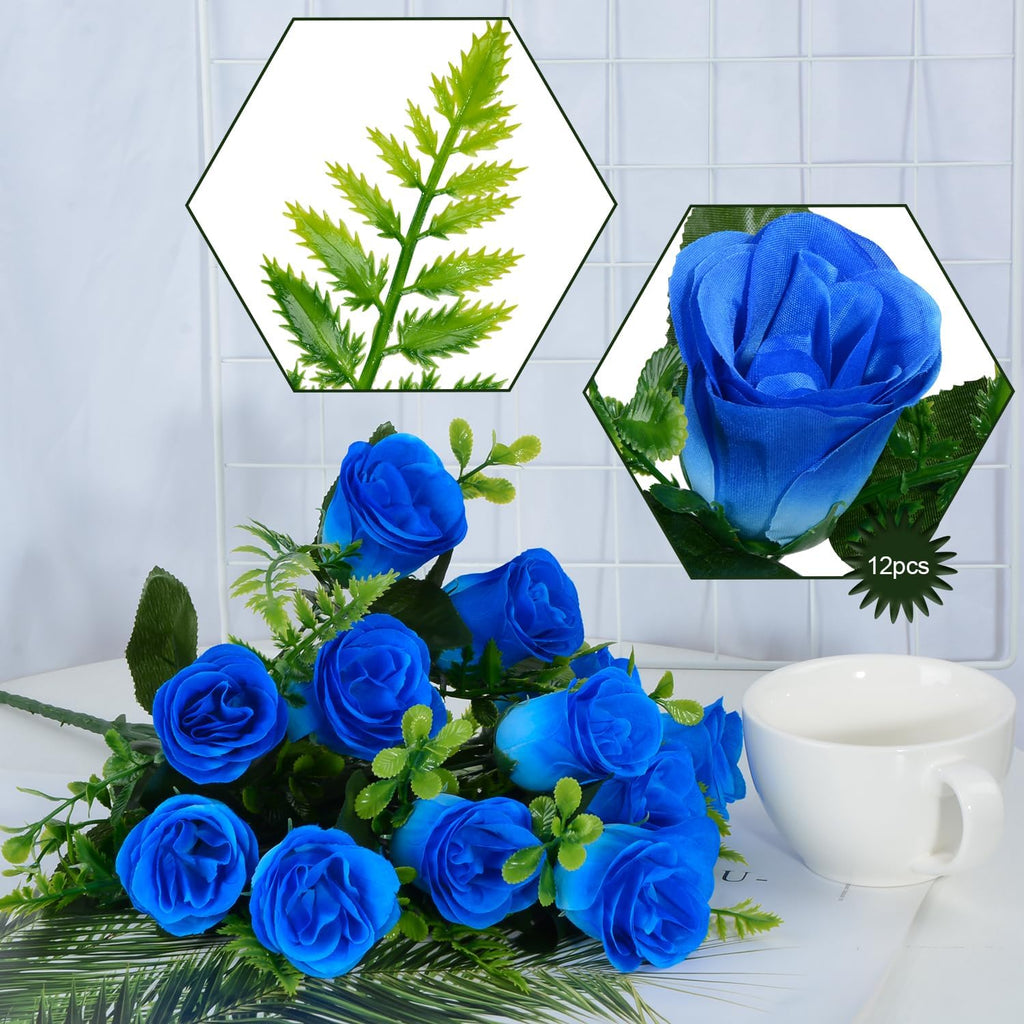 Artificial Rose Flowers Bouquet Realistic Silk Rose Fake Flowers for Wedding Home Centerpieces Party Cemetery Grave Decoration (4 Bouquets, Blue)