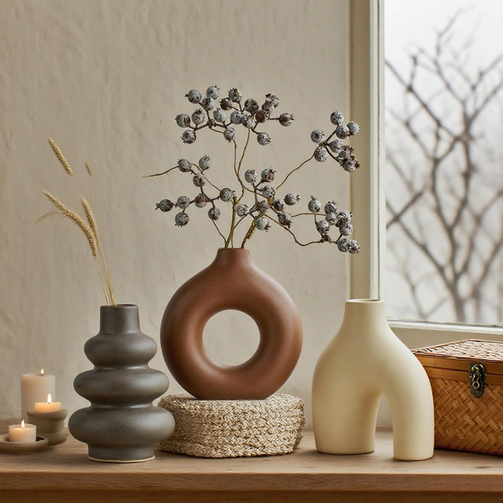 Boho Ceramic Vase Set of 3, Rustic Flower Vases for Pampas Grass