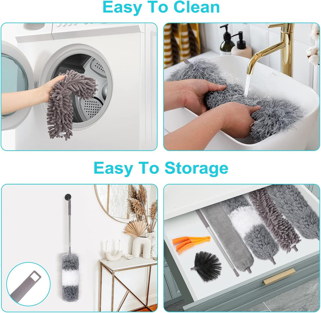 12pcs Microfiber Dusters, Duster with Extension Pole(Stainless Steel) 30 to 100'', Washable Dusters, Bendable Extendable Long Feather Duster for Cleaning Fan, High Ceiling, Blinds, Furniture, Cars