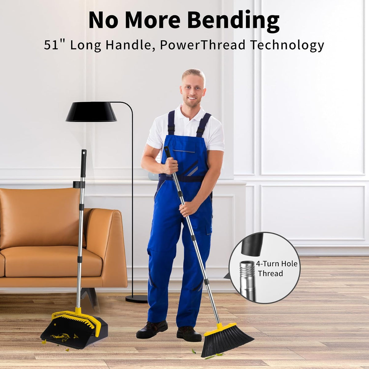 Broom and Dustpan Set for Home, 51" Long Handle Standing Pan Black Yellow