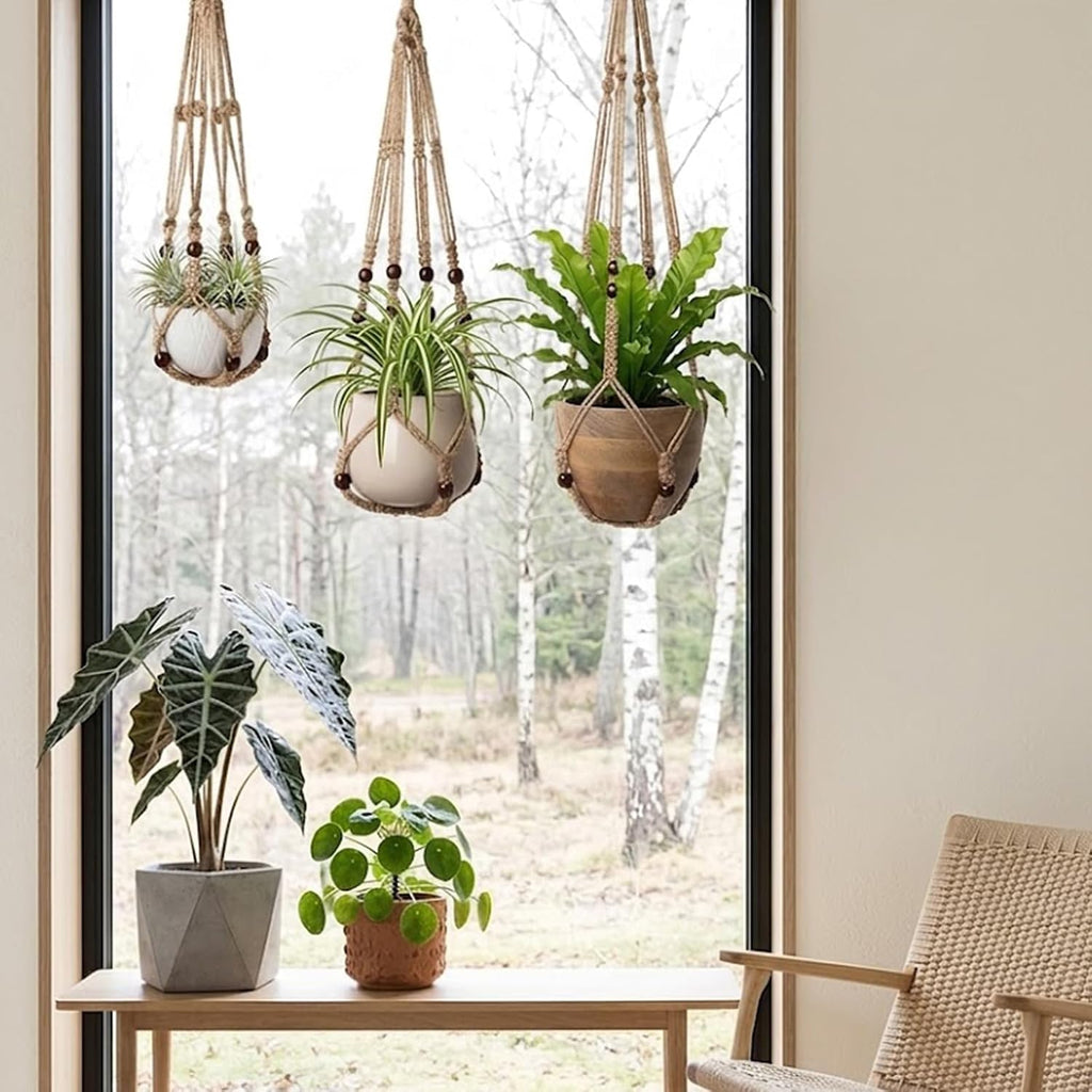 3 Pack Macrame Plant Hanger, Bohemian Hanging Planter with Elegant Wooden Beads for Indoor Outdoor (Pot and Plant are Not Included)