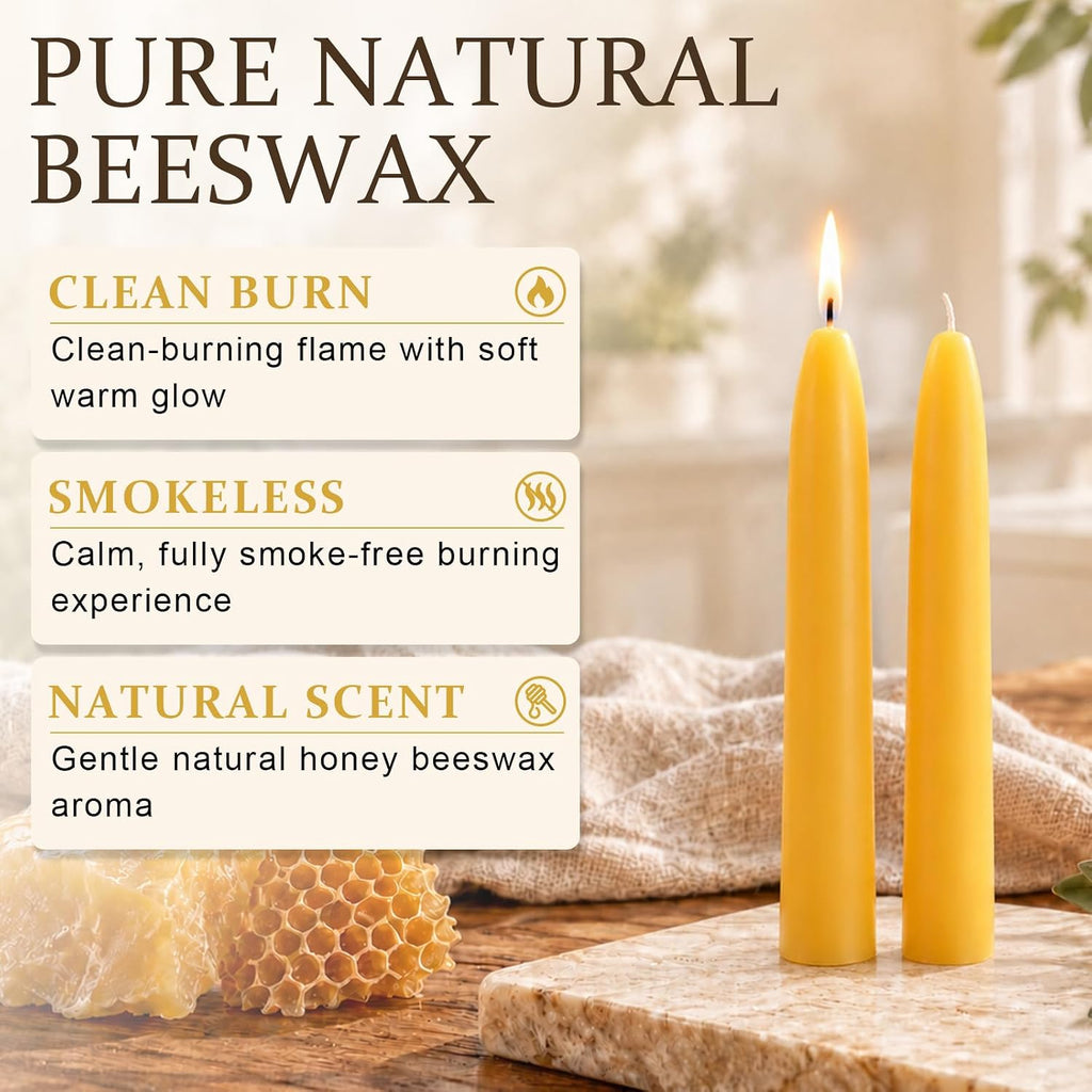 6 Inch Pure Beeswax Taper Candles 10 Pack, 6-Hour Burn