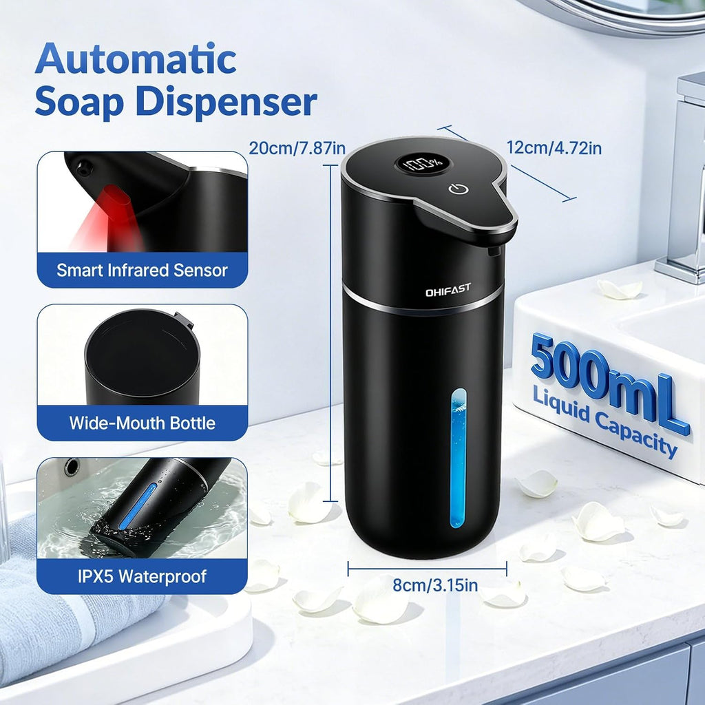 Automatic Liquid Soap Dispenser Touchless,6-Level Adjustable,USB Rechargeable Smart Soap Dispenser,16.9oz/500mL Compatible with Thick Thin Dish/Hand Soap for Bathroom Accessories Kitchen Sink-Black