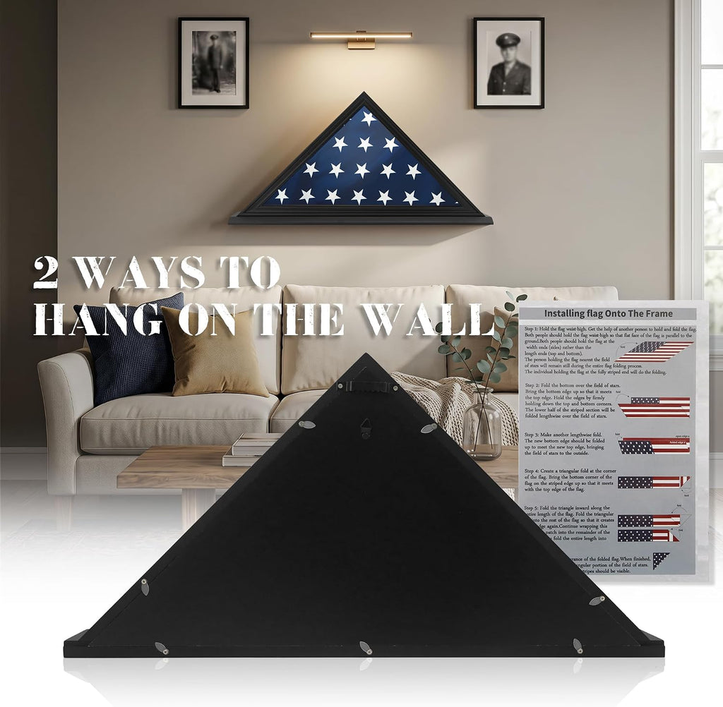 Folded Flag Display Case for 5'x9' Military Burial Flag, Black Solid Wood