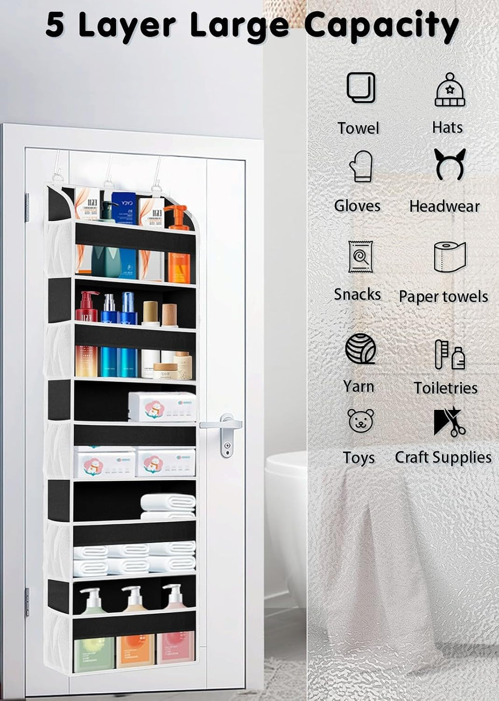 TAHAVICE 1Pack Over the Door Organizer Storage, 5 Large & 10 Mesh Pockets