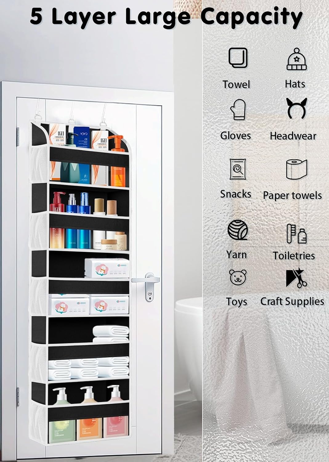 TAHAVICE 1Pack Over the Door Organizer Storage, 5 Large & 10 Mesh Pockets
