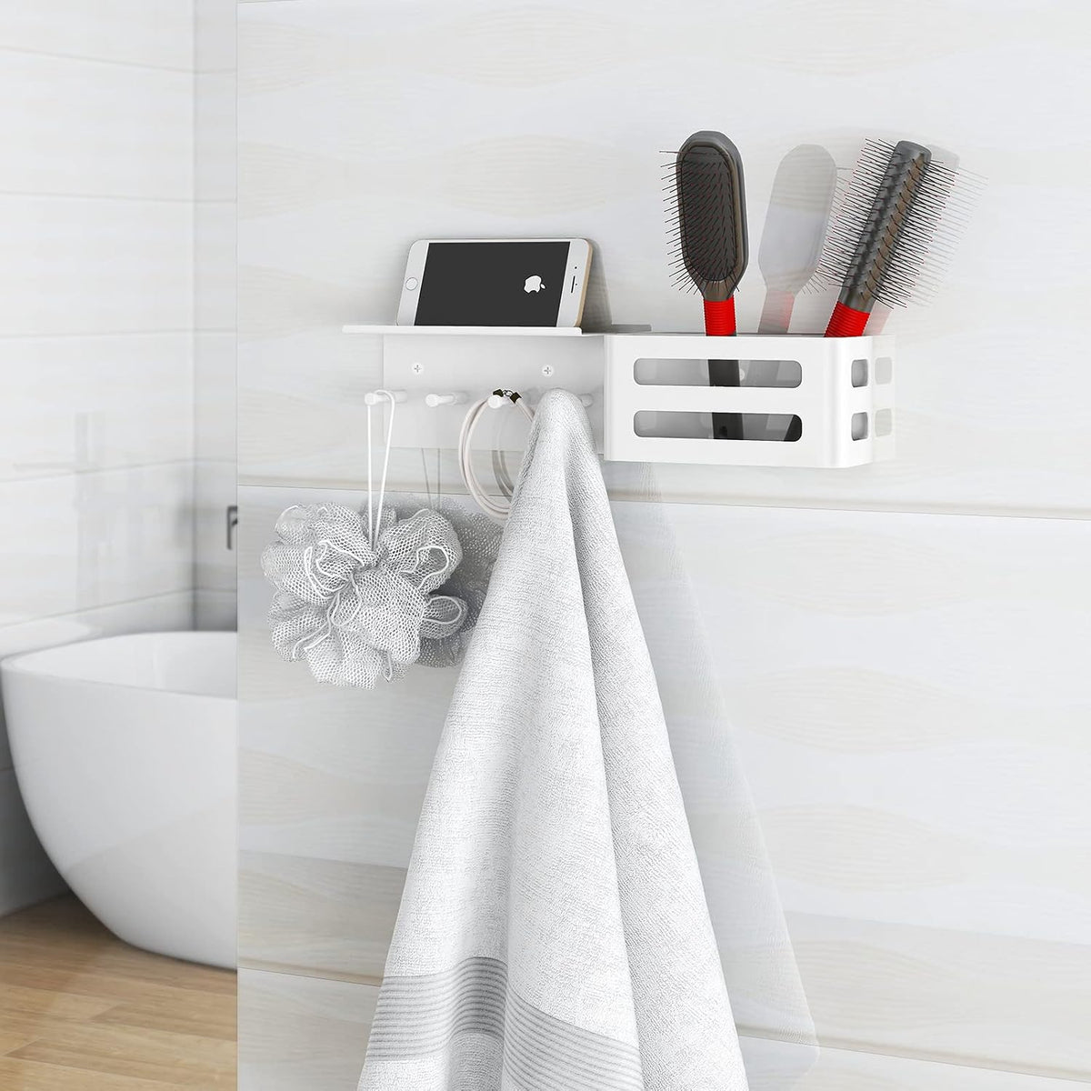 MKO Key Holder Wall Mount, Adhesive Key Hanger with 4 Hooks for Wall, White