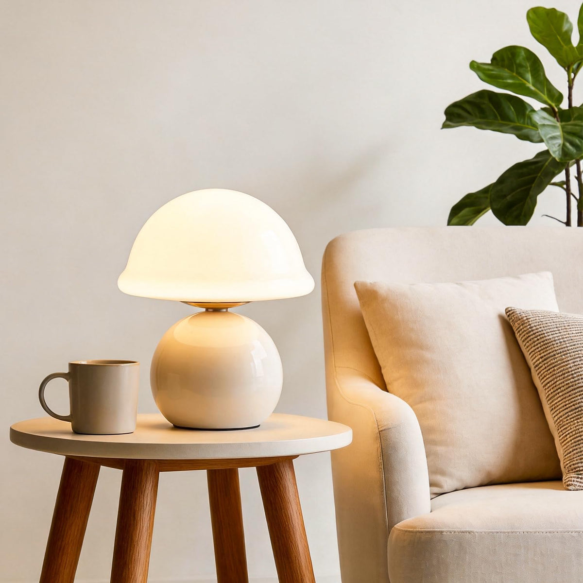 Glass Mushroom Lamp, Dimmable Bedside Table Lamp (White)