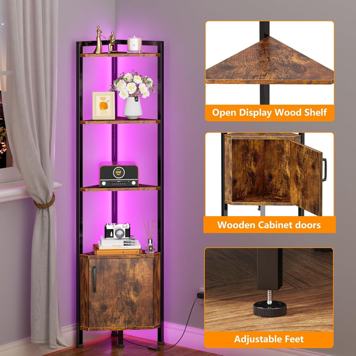 Furnulem Corner Shelf Cabinet,Corner Bookshelf with Storage and LED Light