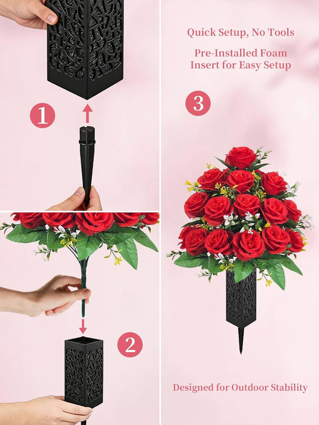 Mirevielyn 2-Pack Artificial Rose Cemetery Flowers with Spiked Vases