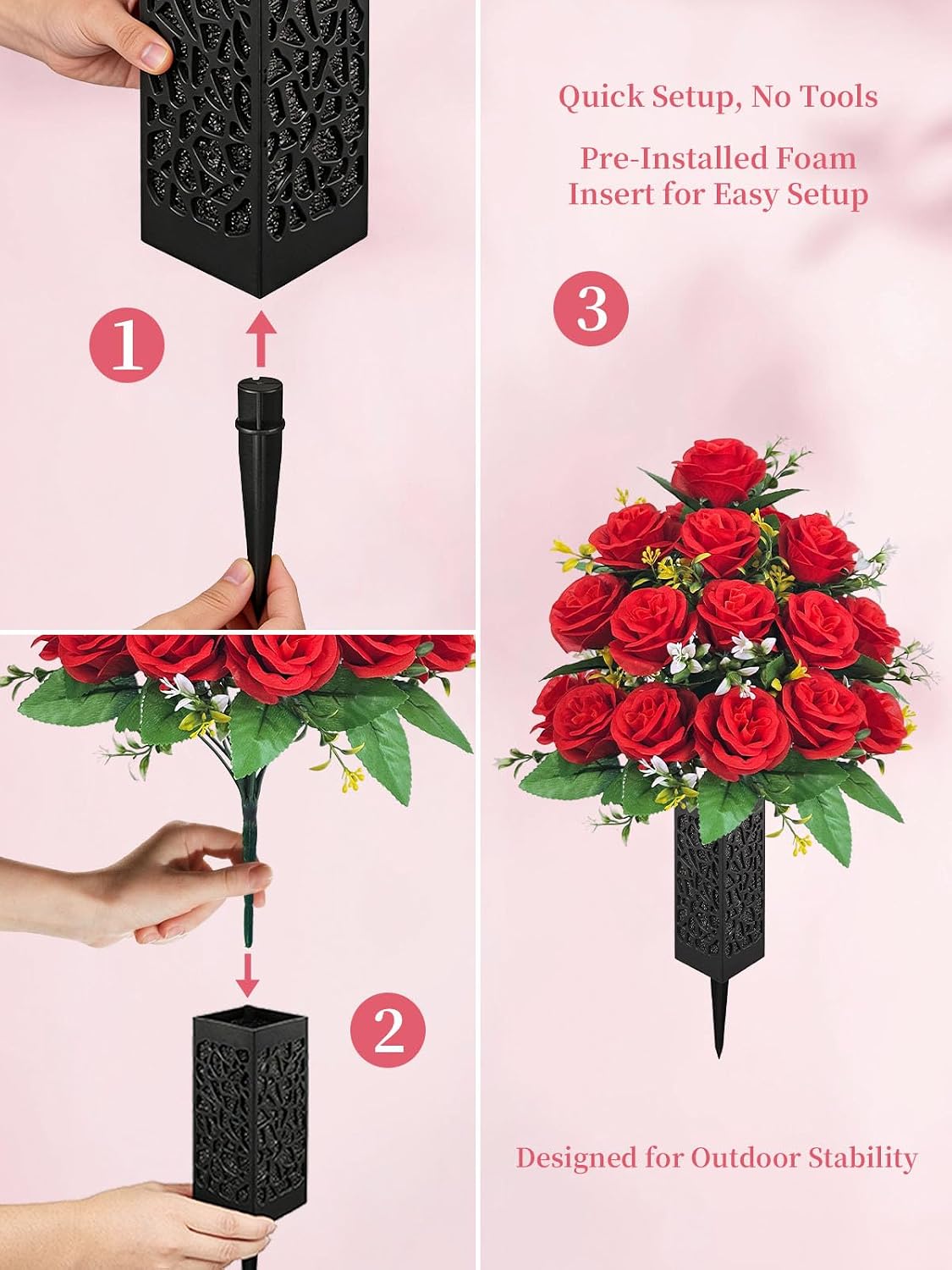 Mirevielyn 2-Pack Artificial Rose Cemetery Flowers with Spiked Vases